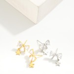 Dainty Gold Dipped Cubic Zirconia Bow Stud Earrings Featuring Star Charms

- Gold/White Gold Dipped
- Hypoallergenic Sterling Silver Post
- Made in Korea
- Approximately .5" L