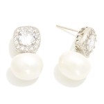 Wholesale gold Dipped Cushion Cut Cubic Zirconia Stud Earrings Pearl Charms Gold