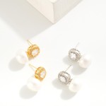 Wholesale gold Dipped Cushion Cut Cubic Zirconia Stud Earrings Pearl Charms Gold