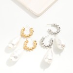Wholesale twisted Metal Hoop Earrings Large Teardrop Pearl Charms L