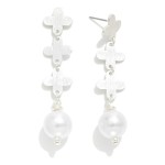 Wholesale linked Textured Metal Criss Cross Drop Earrings Pearl Dangle L