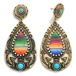 Metal Tone Western Teardrop Drop Earrings Featuring Turquoise & Rhinestone Accents 

- Approximately 2.75" L