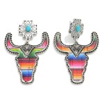 Wholesale metal Western Bull Head Drop Earrings Turquoise Accents L