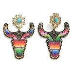 Wholesale metal Western Bull Head Drop Earrings Turquoise Accents L