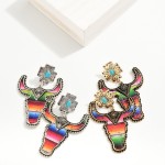 Wholesale metal Western Bull Head Drop Earrings Turquoise Accents L