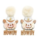 Wholesale acetate Cowboy Jack o Lantern HOWDY Drop Earrings Faux Fur Pom Posts L