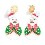 Wholesale glitter Acetate Fancy Snowman Post Drop Earrings Metal Snowflake Post