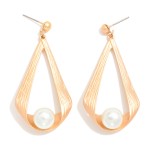 Wholesale textured Metal Teardrop Post Drop Earrings Pearl Detail L