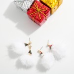 Wholesale rhinestone Studded Christmas Tree Drop Earrings Linked Faux Fur Pom L