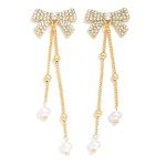 Wholesale rhinestone Studded Bow Post Drop Earrings Chain Link Dangle Pearl Deta