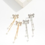 Wholesale rhinestone Studded Bow Post Drop Earrings Chain Link Dangle Pearl Deta