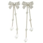 Wholesale rhinestone Studded Bow Post Drop Earrings Chain Link Dangle Pearl Deta