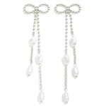 Ball Chain Bow Post Drop Earrings With Linked Pearl Details 

- Approximately 4" L