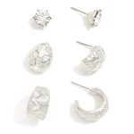 Wholesale set Three Metal Earrings Rhinestone Studs Textured Metal Hoops L