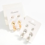 Wholesale set Three Metal Earrings Rhinestone Studs Textured Metal Hoops L