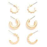 Set Of Three Metal Tone Hoop Earrings 

- Approximately .25-.75" L