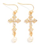 Wholesale metal Cross Drop Earrings Rhinestones Pearl Dangle Detail L