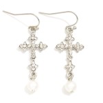 Wholesale metal Cross Drop Earrings Rhinestones Pearl Dangle Detail L