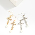 Wholesale metal Cross Drop Earrings Rhinestones Pearl Dangle Detail L