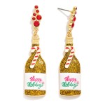 Wholesale glitter Enamel Happy Holidays Champagne Bottle Post Stud Earrings L