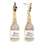 Wholesale glitter Enamel Happy Holidays Champagne Bottle Post Stud Earrings L