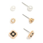 Wholesale set Three Stud Earrings Pearls Rhinestones L