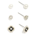 Wholesale set Three Stud Earrings Pearls Rhinestones L