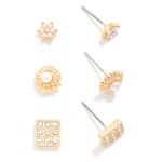 Set Of Three Stud Earrings Featuring Pearl & Rhinestone Accents 

- Approximately .25" L