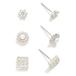 Wholesale set Three Stud Earrings Pearl Rhinestone Accents L