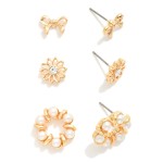 Wholesale set Three Stud Earrings Metal Tones Pearls Rhinestones L