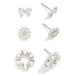 Wholesale set Three Stud Earrings Metal Tones Pearls Rhinestones L