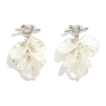 Pearlescent Flower Post Drop Earrings Featuring Metal Knot Post With Rhinestone Accents 

- Approximately 1.25" L