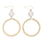 Wholesale metal Beaded Drop Hoop Earrings Textured Clover Accent L