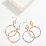 Wholesale metal Beaded Drop Hoop Earrings Textured Clover Accent L