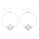 Wholesale metal Wire Drop Hoop Earrings Featured Textured Clover Accent L