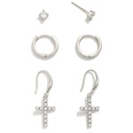 Wholesale set Three Metal Earrings Rhinestone Studs Hoops Rhinestone Cross Drop