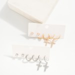 Wholesale set Three Metal Earrings Rhinestone Studs Hoops Rhinestone Cross Drop