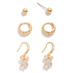 Wholesale set Three Metal Earrings Studs Hoops Rhinestone Drop Earrings