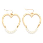 Wholesale hammered Metal Hollow Heart Drop Earrings Linked Pearl Beaded Wire Det