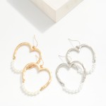 Wholesale hammered Metal Hollow Heart Drop Earrings Linked Pearl Beaded Wire Det