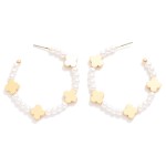 Wholesale pearl Beaded Hoop Earrings Metal Clover Accents D