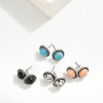 Wholesale western Stone Stud Earrings Textured Metal Border L