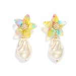 Linked Acetate Flower & Baroque Pearl Post Drop Earrings 

- Approximately 2" L