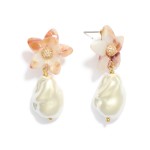 Wholesale linked Acetate Flower Baroque Pearl Post Drop Earrings L