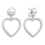 Pearl Studded Hollow Heart Post Drop Earrings 

- Approximately 2" L