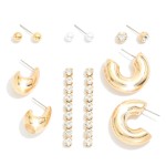 Set Of Six Stud & Drop Earrings Featuring Metal Tones, Pearl, & Rhinestones

- Approximately .25 - 2" L