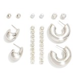 Set Of Six Stud & Drop Earrings Featuring Metal Tones, Pearl, & Rhinestones

- Approximately .25 - 2" L