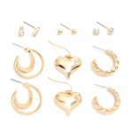 Set Of Six Metal Tone Stud & Drop Earrings 

- Approximately .25" L - 1" L