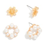 Wholesale metal Flower Post Drop Earrings Pearl Studded Hoop Accent L