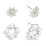 Wholesale metal Flower Post Drop Earrings Pearl Studded Hoop Accent L